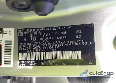 2020 Toyota Highlander L из США, поврежденный, VIN 5TDCZRAH8LS504468